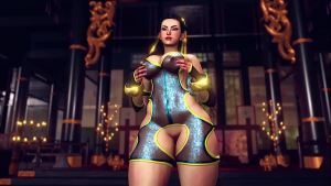 Busty Chun Li in slutty bodysuit solo dancing and posing in сhinese temple