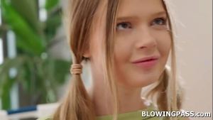 Teen babe tips crew with sloppy blowjob