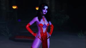 Young vampire girl in red dress beckons her prey with dance and sexy body