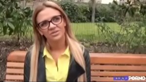 Blonde with disgusting big nose fucks with 2 black dicks