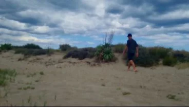 naked pathetic white slave, fag in penis cage, striptease and proudly present collar, leash, dildo play at the gay beach, CMNM