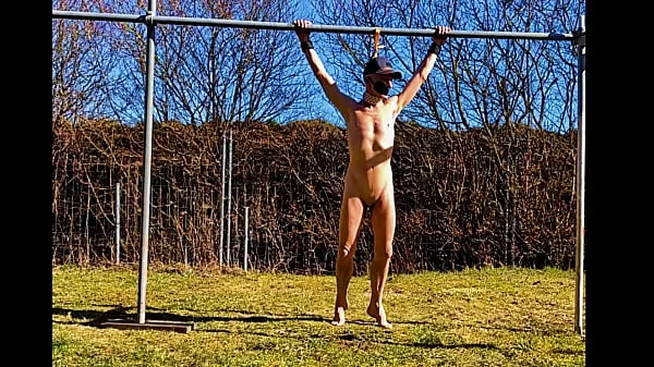 naked pathetic white slave public outdoor in penis cage do fitness and swings at his gay balls, CMNM