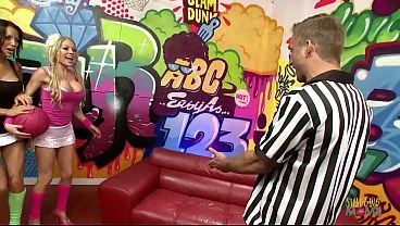 Blonde milf beauty and her brunette friend with big fake tits share a guy in an amazing threesome