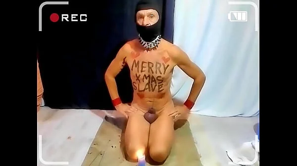 naked pathetic white CHRISTMAS slave with body writing and sparkler in gay peehole, CMNM