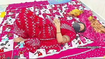 Husband fucks his Indian Desi chubby MILF wife in his favourite red saree and puts his thick Indian dick in her wet pussy and ass while she moans loud.